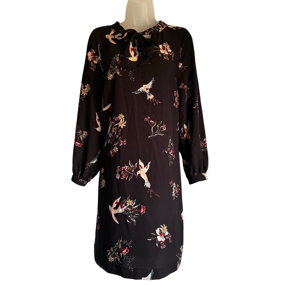 H&M Dress Bird Print Long Sleeve Knee Length Black 10
